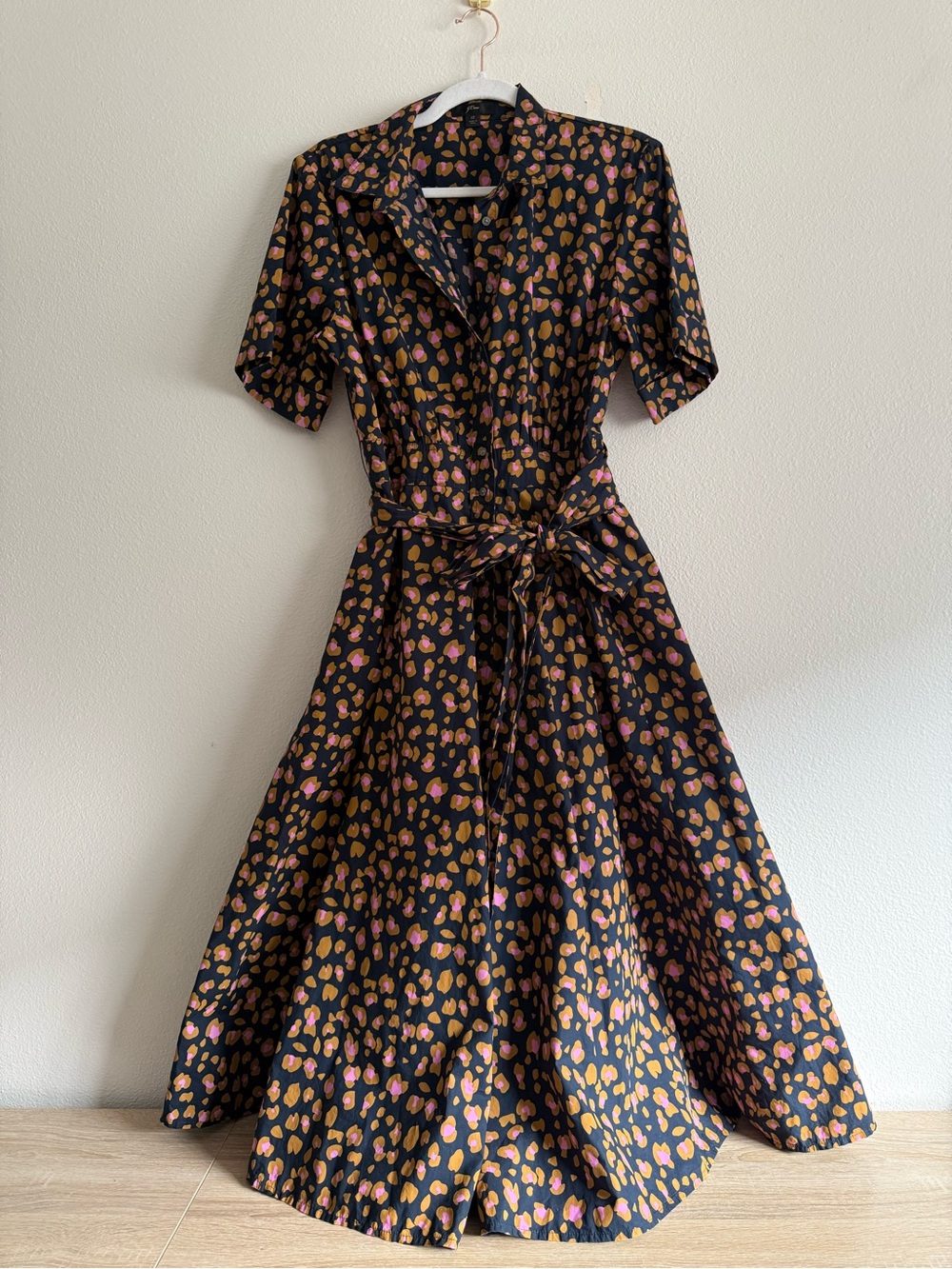 J.Crew Leopard Tie-Waist Short-Sleeve Dress Midi Shirt Dress Sz 12 - Picture 5 of 9